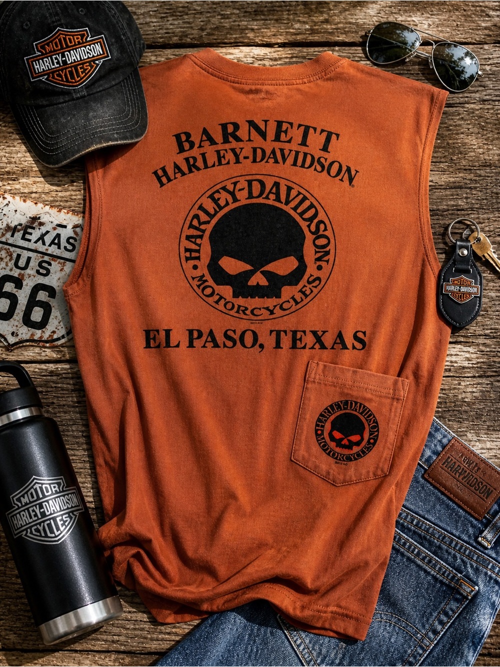 Harley Davidson Sleeveless Shirt Skull Pocket El Paso Texas Biker Tee Mens M